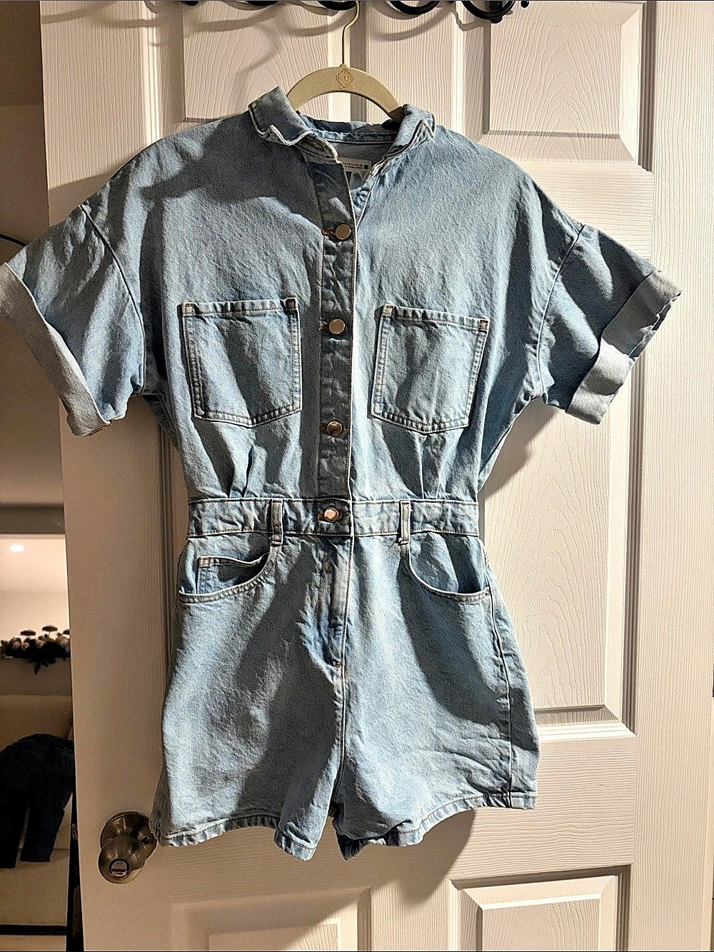 Zara Denim Short Sleeve Romper in Blue Like New